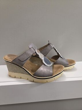 Rieker Metallic Grey / Denim Women's Wedge Sandals | Size 37 / US 6-6.5
